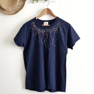 Top Stitch Navy Rhinestone Embellished Tee Size L Patriotic Sparkle Shirt